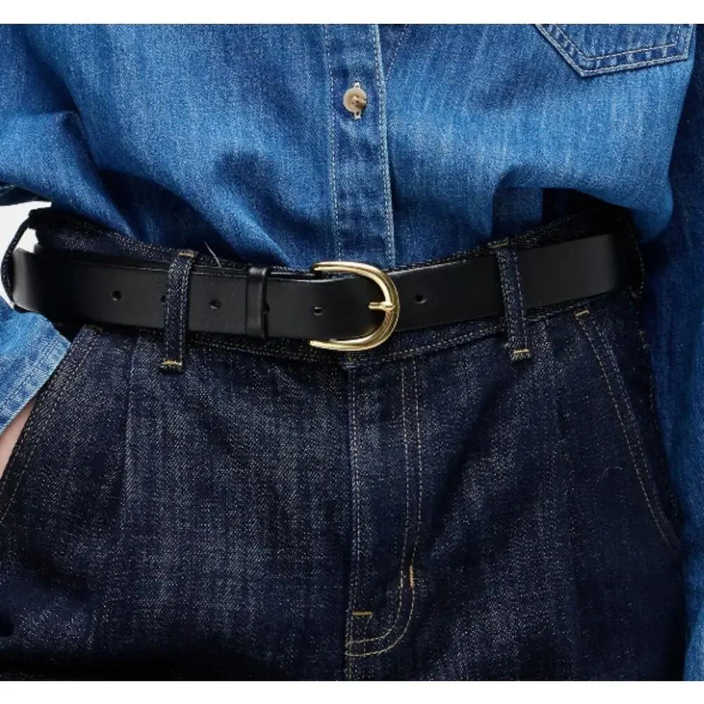 J.Crew Italian Leather Belt Black Gold Buckle Size S Made in USA Classic EUC